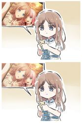1girl annotated bang_dream! bang_dream!_it&#039;s_mygo!!!!! belt blue_belt blue_eyes blush brown_hair cellphone closed_mouth commentary_request highres holding holding_phone light_smile long_hair lyy nagasaki_soyo official_art_inset phone short_sleeves sidelocks smartphone