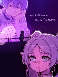 1boy 1girl a.mikusa bandage_on_nose bandaid bandaid_on_face bandaid_on_nose blade_runner_(series) blade_runner_2049 bleeding blood blood_from_mouth blood_on_face blue_eyes blue_hair commentary crying crying_with_eyes_open elf english_commentary english_text eyelashes frieren giant green_eyes hair_between_eyes highres himmel_(sousou_no_frieren) holding holding_jewelry holding_ring hologram injury inset jacket jewelry long_hair looking_at_another looking_down looking_up meme mole mole_under_eye outdoors pink_light pointy_ears railing ring sad scene_reference sousou_no_frieren standing streaming_tears tears twintails white_hair white_jacket you_look_lonely_(meme)