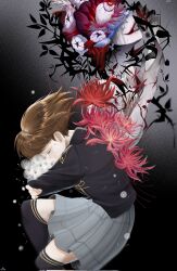 Rule 34 | 1girl, black jacket, black socks, blazer, blood, blood from mouth, brown hair, brutal human, colored skin, commentary, dandelion, dandelion clock, dandelion seed, english commentary, evil smile, fetal position, flower, gradient background, grey skirt, hand on own elbow, hands on own arms, highres, holding, holding flower, jacket, kyklos, over-kneehighs, pleated skirt, school uniform, short hair, signature, skirt, smile, socks, thighhighs, tokyo debunker, white skin