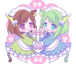 Rule 34 | 2girls, animal ears, apron, blue dress, brown eyes, brown hair, cat ears, cat girl, cat tail, ciel0420, dress, emil chronicle online, frilled dress, frilled sleeves, frills, ghost girl, ghost tail, glasses, green dress, green eyes, green hair, hair ornament, maid apron, maid headdress, multiple girls, nekomata kurumi &amp; wakana, open mouth, tail, v