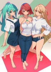 3girls bare_shoulders barefoot blonde_hair breasts cleavage denim denim_shorts denim_skirt green_eyes green_hair hand_on_own_chest hand_on_own_hip jeans large_breasts long_hair long_sleeves looking_at_viewer multiple_girls mythra_(xenoblade) navel pants pneuma_(xenoblade) ponytail pyra_(xenoblade) red_eyes red_hair shirt short_hair short_sleeves shorts skirt sleeveless sleeveless_shirt smile standing sydus thick_thighs thighs white_shirt xenoblade_chronicles_(series) xenoblade_chronicles_2 yellow_eyes