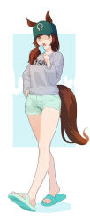 1girl alternate_costume animal_ears baseball_cap brown_eyes brown_hair c-eye commentary ears_through_headwear food full_body green_hat green_shorts grey_shirt hat highres holding holding_food holding_ice_cream horse_ears horse_girl ice_cream long_sleeves looking_at_viewer medium_hair multicolored_hair nice_nature_(umamusume) sandals shirt shorts solo streaked_hair symbol-only_commentary umamusume walking