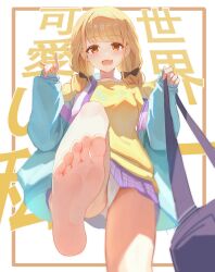 1girl absurdres barefoot blonde_hair blush feet fujita_kotone gakuen_idolmaster highres idolmaster long_hair looking_at_viewer open_mouth panties pantyshot pov soles taichi_suzuki toes underwear upskirt yellow_eyes