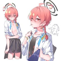 1boy 1girl ahoge bag bandaid bandaid_on_neck black_skirt blue_archive braid clothes_around_waist clothes_grab commentary doodle_sensei_(blue_archive) floral_print_shirt grin hair_between_eyes halo highres holding holding_bag holding_own_arm jacket jacket_around_waist long_hair mole mole_under_eye multiple_views neck_ribbon necktie necktie_grab neckwear_grab neru_(blue_archive) neru_(school_uniform)_(blue_archive) official_alternate_costume open_clothes open_shirt orange_hair pleated_skirt red_eyes ribbon school_uniform sensei_(blue_archive) shirt simple_background single_braid skirt sleeves_rolled_up smile sweat tomo22 unbuttoned unbuttoned_shirt undershirt undone_neck_ribbon white_background white_shirt wristband