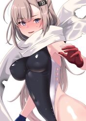 Rule 34 | 1girl, black one-piece swimsuit, blue gloves, blush, breasts, burnt clothes, gloves, grey eyes, grey hair, hair ornament, headgear, highleg, highleg one-piece swimsuit, highres, impossible clothes, impossible swimsuit, kantai collection, long hair, looking at viewer, medium breasts, one-piece swimsuit, partially fingerless gloves, red gloves, scarf, simple background, skin tight, solo, swimsuit, taut clothes, tirasi (so), torn clothes, torn scarf, two-tone one-piece swimsuit, wahoo (kancolle), white background, white scarf