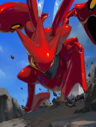 absurdres blurry commentary_request day from_below gen_2_pokemon highres horns looking_down nintendo no_humans outdoors partial_commentary pokemon pokemon_(creature) pokemon_focus rock scizor sky solo yellow_eyes yunimaru
