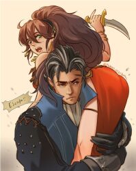1boy 1girl ass black_gloves black_hair brown_hair carrying carrying_person commentary_request dagger dancer english_text gloves green_eyes hair_between_eyes high_ponytail holding holding_dagger holding_knife holding_weapon knife mature_male octopath_traveler octopath_traveler_i olberic_eisenberg open_mouth ponytail primrose_azelhart regan_(hatsumi) scar scar_on_face standing sweat weapon