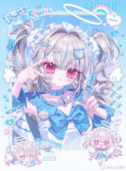 1girl bandaid blue_bow blue_hair blue_nails blush boky_baogan bow chibi closed_mouth collar hair_ornament hairclip halo heart highres long_hair looking_at_viewer multicolored_hair original pill pink_eyes pout sailor_collar streaked_hair syringe twintails v wings