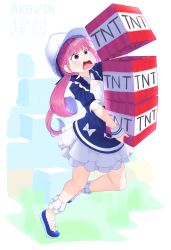 1girl absurdres blue_dress blue_shoes bow bowtie braid breasts cleavage commentary construction_worker d: dress drill_hair english_commentary explosive falling hard_hat helmet highres hololive minato_aqua minato_aqua_(sailor) minecraft multicolored_hair open_mouth pink_eyes pink_hair puffy_short_sleeves puffy_sleeves round_teeth shoes short_sleeves signature small_breasts solo streaked_hair tears teeth tnt tnt_block_(minecraft) twin_drills twintails upper_teeth_only virtual_youtuber white_bow white_bowtie white_headwear wristband yoako