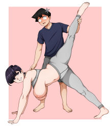 Rule 34 | 1boy, 1girl, absurdres, black eyes, black hair, blue shirt, blush, breasts, cameltoe, grey pants, grey shorts, grey sports bra, grin, hanging breasts, highres, inverted nipples, komi-san wa komyushou desu, komi shuuko, large breasts, mature female, navel, nipples, pants, sagging breasts, shirt, short hair, shorts, smile, sockinajar, sports bra, sweat, tadano hitohito, teeth, yoga pants