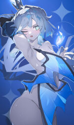 1girl absurdres arm_up armpits blue_eyes breasts cerydra_(honkai:_star_rail) commentary cowboy_shot crown grey_hair groin highres honkai:_star_rail honkai_(series) mini_crown nude one_eye_closed open_mouth plabit presenting_armpit small_breasts solo standing symbol-only_commentary