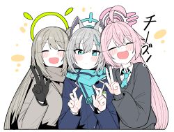 3girls :&lt; :d ahoge animal_ear_fluff animal_ears bent_v black_gloves black_sweater blue_archive blue_eyes blue_halo blue_necktie blush_stickers brown_coat closed_eyes coat collared_shirt commentary_request cross_hair_ornament double_v fang gloves green_halo grey_hair hair_bun hair_ornament halo highres hoshino_(blue_archive) long_hair long_sleeves mismatched_pupils multiple_girls necktie nonomi_(blue_archive) open_mouth pink_hair pink_halo scarf shiroko_(blue_archive) shirt short_hair single_hair_bun single_side_bun smile sweater translation_request upper_body v white_background white_shirt wolf_ears wujurana