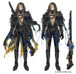 Rule 34 | 1boy, abs, alternate costume, armor, armored boots, arms at sides, beard stubble, belt, black armor, black gloves, black hair, black pants, black sash, black shirt, blonde hair, boots, braid, brown belt, brown hair, cape, chin guard, clawed gauntlets, commentary, copyright notice, couter, curtained hair, english commentary, eyebrow cut, facial hair, faulds, full body, gauntlets, gloves, goldbullet, gorget, gradient cape, gradient clothes, greaves, green cape, gun, highres, holostars, holostars english, kadeart, long hair, looking at viewer, male focus, multicolored hair, multiple views, official art, pants, parted bangs, pauldrons, pectoral cleavage, pectorals, plunging neckline, reference sheet, rifle, sabaton, sample watermark, sash, shirt, shoulder armor, side braid, simple background, smile, standing, streaked hair, stubble, thigh strap, toned, toned male, torn cape, torn clothes, variations, virtual youtuber, watermark, weapon, weapon on back, white background, yellow cape, yellow eyes
