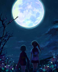2girls akaiito flower holding_hands hato_ya_hato hatou_kei japanese_clothes moon night nozomi nozomi_(akaiito) school_uniform short_hair twintails akai_ito hatoya_hato holding_hands moonlight multiple_girls nozomi_(akai_ito)
