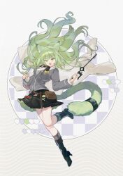 Rule 34 | 1girl, :3, absurdres, alternate costume, alternate hair length, alternate hairstyle, animal ears, arknights, artist name, black boots, black skirt, blush, boots, bow, brown bag, buttons, charm (object), checkered background, collared shirt, eru daydream, gradient background, green eyes, green hair, green socks, grey jacket, harmonie (arknights), heart, highres, holding, holding rod, index finger raised, infection monitor (arknights), jacket, lab coat, leg up, long hair, long sleeves, open mouth, pin, red bow, rod, shirt, single tooth, skirt, socks, solo, sticker, tail, waist bag, wavy background, white shirt