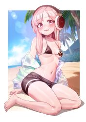 1girl :d absurdres barefoot beach bikini black_bikini black_shorts blue_sky blush border breasts cloud coat collarbone commentary_request day feet headphones highres legs lens_flare long_hair looking_at_viewer navel ocean off_shoulder open_mouth original otonashi_(otonashi5959) outdoors outside_border palm_tree pink_eyes pink_hair short_shorts shorts sitting sky small_breasts smile solo swimsuit teeth thigh_strap thighs toenails toes tree upper_teeth_only white_border white_coat