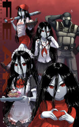 1boy 1girl ? ?? alma_(f.e.a.r.) alternate_costume arm_behind_head backpack bag balaclava baseball baseball_bat baseball_cap baseball_glove belt_pouch blood blood_on_clothes blood_splatter clothes_writing colored_skin commentary copyright_name dessert enmaided f.e.a.r. food goggles grey_skin hair_between_eyes hat heart heart_hands highres holding holding_tray long_hair long_sleeves looking_at_viewer maid maid_headdress mother_and_son multiple_views pinstripe_pattern point_man_(f.e.a.r.) pouch red_background red_eyes red_headwear red_shorts red_sweater school_uniform shirt short_sleeves shorts simple_background smile spoon striped_clothes striped_shirt substance20 sweater torn_clothes tray turtleneck turtleneck_sweater vertical-striped_clothes vertical-striped_shirt very_long_hair wrist_cuffs