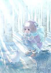 1girl bare_tree beret black_pantyhose blue_eyes boots brown_hair enpera frills full_body fur-trimmed_boots fur-trimmed_sleeves fur_trim grey_mittens hat hat_ornament highres jacket long_hair long_sleeves mittens open_mouth original outdoors pantyhose pink_hat pink_jacket pom_pom_(clothes) rabbit scarf shimizu_miu smile snow solo squatting tree white_scarf winter