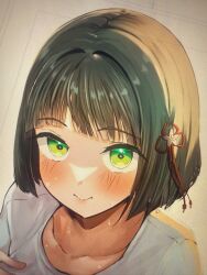 Rule 34 | 1girl, black hair, blunt bangs, blunt ends, blush, bob cut, closed mouth, collarbone, commentary request, flower, flower knot, green eyes, hair flower, hair intakes, hair ornament, highres, link! like! love live!, love live!, moire, momose ginko, photo (medium), shirt, short hair, solo, t-shirt, unfinished, virtual youtuber, white shirt, yaa-kun