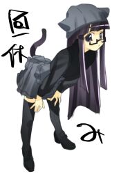 1girl animal_ears beanie black_hair black_shirt black_shoes black_thighhighs cat_ears cat_girl cat_tail closed_mouth expressionless full_body glasses grey_skirt hands_on_own_thighs hat highres hime_cut leaning_forward loafers long_hair long_sleeves looking_at_viewer original purple_eyes semi-rimless_eyewear shirt shoes simple_background skirt solo standing straight_hair tail thighhighs veloexotica white_background