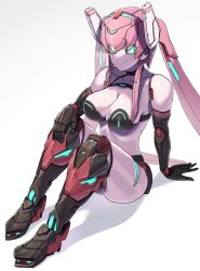 1girl black_bra bra colored_skin green_eyes hakidashi_11 long_hair phantasy_star phantasy_star_online_2 pink_hair pink_skin robot_girl simple_background sitting solo twintails underwear white_background