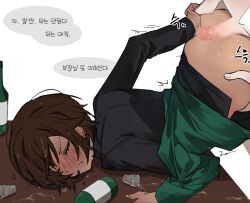 1boy 1girl black_shirt blush bottomless brown_hair commentary_request cowboy_shot dark-skinned_female dark_skin drunk erection from_side full-face_blush green_jacket hands_on_another&#039;s_ass head_out_of_frame imminent_penetration jacket jacket_partially_removed korean_commentary limbus_company long_sleeves on_table outis_(project_moon) parted_lips penis penis_on_ass project_moon shirt short_hair solo_focus table teeth top-down_bottom-up translation_request uncensored yippee