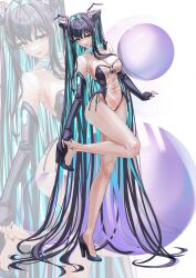 Rule 34 | 1girl, absurdly long hair, absurdres, alternate costume, aqua bow, aqua bowtie, aqua hair, bare shoulders, black hair, bow, bowtie, breasts, cleavage, commentary request, covered navel, disgustingtokki, goddess of victory: nikke, high heels, highres, large breasts, leotard, little mermaid (nikke), long hair, multicolored hair, see-through clothes, see-through leotard, solo, twintails, two-tone hair, very long hair, white background, yellow eyes, zoom layer