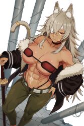 1girl abs animal_ears bamboo_tac bandeau bare_shoulders breasts cat_ears cat_girl cat_tail cleavage commentary_request eyepatch ghislaine_dedoldia grey_hair highres large_breasts long_hair long_sleeves looking_at_viewer muscular muscular_female mushoku_tensei navel orange_eyes red_bandeau scar scar_on_stomach solo tail tail_ornament tail_ring