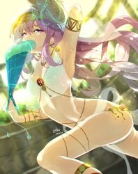 1girl alternate_costume armpits breasts dancer fan hata_no_kokoro highres medium_breasts pink_hair solo sunnysideup tagme touhou