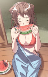 1girl aranami_shibuki bang_dream! blue_overalls bra breasts brown_hair bug closed_eyes eating food fruit hair_ornament highres holding medium_breasts medium_hair overalls plate red_bra sitting solo sweat toyama_kasumi underwear watermelon