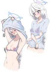 1girl armpits belly bikini blue_archive blue_eyes blush braid breast_slip breasts compilation cowboy_shot hair_ornament hairclip halo highres kajikotetu kirino_(blue_archive) kirino_(swimsuit)_(blue_archive) looking_down navel nipples no_ahoge official_alternate_costume official_alternate_hairstyle open_clothes open_mouth open_shirt purple_bikini purple_halo see-through_clothes see-through_shirt shirt simple_background single_braid solo swept_bangs swimsuit triangle_mouth wet wet_clothes wet_shirt white_background white_hair white_shirt