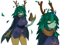 1girl absurdres adventure_time breasts cape caterpillar closed_mouth colored_sclera colored_skin commentary domino_mask english_commentary finn_the_human gloves green_eyes green_hair green_sclera green_skin hair_branch heart highres huntress_wizard large_breasts leaf mask multiple_views nia_(nia4294) plant_hair purple_tunic simple_background single_glove smile tunic white_background
