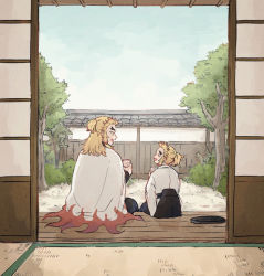 2boys architecture black_hakama blonde_hair brothers cape child cup day demon_slayer_uniform east_asian_architecture flame_print forked_eyebrows hakama hand_up holding holding_cup japanese_clothes kimetsu_no_yaiba long_hair long_sleeves looking_at_another male_focus mofmai multicolored_hair multiple_boys ponytail porch print_cape profile red_hair rengoku_kyoujurou rengoku_senjurou shouji siblings sitting sky sliding_doors streaked_hair tatami tray tree veranda wall white_cape yunomi