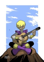 1boy blonde_hair cartoon_network dc_comics guitar indian_style instrument jericho male_focus purple_shoes shoes sitting solo teen_titans umibito