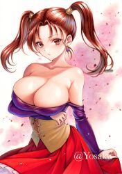 1girl arm_under_breasts artist_name bare_shoulders breasts brown_eyes brown_hair cleavage collarbone commentary_request dragon_quest dragon_quest_viii earrings gem hair_tubes highres jessica_albert jewelry large_breasts looking_at_viewer metal_hair_tubes off_shoulder parted_lips purple_gemstone purple_shirt red_skirt shirt skirt solo sphere_earrings traditional_media twintails upper_body white_background yellow_corset yosaku_vs_hina