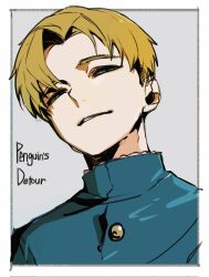 1boy blonde_hair blue_eyes blue_jacket border chi.:_chikyuu_no_undou_ni_tsuite child gold_buttons grey_background half-closed_eyes highres jacket kny3niji male_focus parted_bangs parted_lips portrait rafal_(chi.) shirt short_hair smile solo upper_body white_border white_shirt