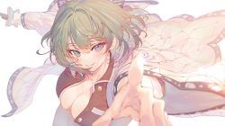 Rule 34 | 1girl, animal print, black shirt, blue eyes, blurry, blush, breasts, butterfly hair ornament, butterfly print, cleavage, closed mouth, commentary, cosplay, depth of field, foreshortening, gakuran, green hair, hair ornament, haori, hayami saori, highres, holding, holding sword, holding weapon, idolmaster, idolmaster cinderella girls, japanese clothes, katana, kimetsu no yaiba, kochou shinobu, kochou shinobu (cosplay), large breasts, looking at viewer, mole, mole under eye, open clothes, open shirt, outstretched arms, pointing, pointing at viewer, school uniform, shirt, short hair, simple background, smile, solo, sword, takagaki kaede, torano, upper body, voice actor connection, weapon, white background