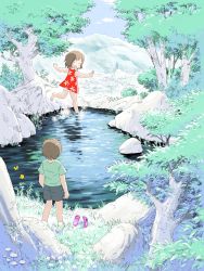 1boy 1girl ^_^ accidental_exposure barefoot black_shorts brown_hair bug building butterfly child city closed_eyes cloud day dress flip-flops flip-flops_removed flower unworn_footwear from_behind full_body grass green_shirt happy highres insect microdress mountain mountainous_horizon mushroom nature original outdoors outstretched_arms panties pantyshot pond red_dress rock running sandals shirt short_hair shorts sky socks spread_arms standing t-shirt tree tsuzuki_kazuhiko underwear wading water white_legwear white_panties