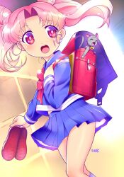 Rule 34 | 1girl, backpack, bag, bishoujo senshi sailor moon, blue sailor collar, blue serafuku, blue shirt, blue skirt, bow, cat, chibi usa, cone hair bun, diana (sailor moon), double bun, earrings, floating hair, grey cat, hair bun, highres, himehachi (hime8manga), holding, holding shoes, holding unworn clothes, jewelry, long sleeves, medium hair, miniskirt, open mouth, pink hair, pleated skirt, randoseru, red bag, red bow, red eyes, sailor collar, school uniform, serafuku, shirt, shoes, skirt, teeth, twintails, unworn shoes, upper teeth only, uwabaki