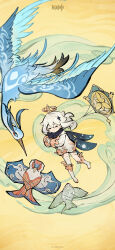 &gt;_&lt; 1girl absurdres bird boots cloud_retainer_(genshin_impact) commentary_request crane_(animal) genshin_impact highres official_alternate_costume official_art paimon_(genshin_impact) short_hair white_footwear white_hair white_romper xianyun_(genshin_impact)
