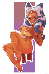 1girl ahsoka_tano alien alternate_breast_size arm_strap barefoot blue_eyes blush breasts brown_gloves brown_lips colored_skin commentary covering_nipples covering_privates english_commentary facial_tattoo fingerless_gloves full_body gloves headband highres invisible_chair klimspree large_breasts lekku_(anatomy) looking_at_viewer orange_skin pelvic_curtain sitting smile solo star_wars star_wars:_the_clone_wars tattoo toes togruta topless_female