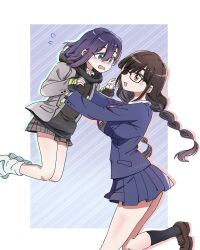 2girls aged_up artist_request black_hair black_socks blush breasts female_focus glasses haraga_kurumi highres iin_chiyo iin_chiyo_(hyakkano_party) kimi_no_koto_ga_dai_dai_dai_dai_daisuki_na_100-nin_no_kanojo large_breasts long_hair multiple_girls school_uniform socks