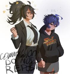 Rule 34 | 2girls, aqua eyes, belle (zenless zone zero), black hair, black hoodie, black necktie, black pants, black suit, blue hair, brown eyes, chocorivarts, clenched hand, closed mouth, commission, couple, cowboy shot, dress shirt, formal clothes, grey skirt, hand in pocket, highres, holding hands, hood, hoodie, jacket, long hair, loose necktie, multicolored hair, multiple girls, necktie, pant suit, pants, pink lips, ponytail, red hair, shirt, shirt tucked in, short hair, simple background, skirt, sleepy, smile, sparkle, standing, streaked hair, suit, suit jacket, white background, white shirt, yuri, zenless zone zero, zhu yuan