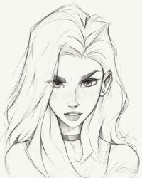 1girl collar crossed_arms earrings grey_eyes hair_over_shoulder highres jewelry looking_at_viewer medium_hair monochrome narrowed_eyes open_mouth original portrait procreate_(medium) sam_yang serious sketch solo stud_earrings