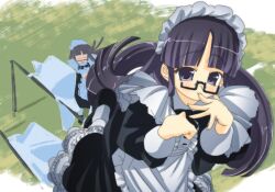 1girl apron black_dress blunt_bangs blush closed_eyes clothesline dress drying drying_clothes glasses grass highres long_hair looking_at_viewer maid maid_headdress multiple_views original outdoors purple_eyes smile veloexotica