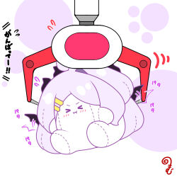 &gt;_&lt; :i ahoge black_wings blue_archive blush character_doll chibi closed_eyes closed_mouth crane_game dotted_line flapping flying_sweatdrops grey_hair hair_ornament hairclip highres hina_(blue_archive) horns kurukurumagical long_hair no_humans parted_bangs single_hair_intake sitting solo translation_request very_long_hair white_background wings