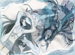 2girls ahoge animal_ears arm_out_of_sleeve bikini black_bikini black_hair blush breasts cleavage cowboy_shot dual_persona flower frilled_bikini frills green_jacket hair_flower hair_ornament hat highres horse_ears horse_girl horse_tail jacket long_hair lying manhattan_cafe_(the_bubbles_that_i_see_with_you)_(umamusume) manhattan_cafe_(tobasuze_hot_summer!)_(umamusume) manhattan_cafe_(umamusume) multiple_girls navel on_back parted_lips short_shorts shorts small_breasts star_(symbol) subaru_(user_tmwv7722) sweat swimsuit tail umamusume white_bikini white_hat white_jacket yellow_eyes