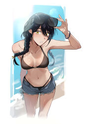 Rule 34 | 1girl, absurdres, adjusting eyewear, beach, bikini, bikini under clothes, black bikini, black hair, blush, bow, bracelet, braid, braided twintails, breasts, cropped legs, denim, denim shorts, gundam, gundam gquuuuuux, hair bow, highres, jewelry, long hair, looking at viewer, low twin braids, medium breasts, navel, nyaan (gundam gquuuuuux), open mouth, otakulifewow, sand, shorts, solo, sunglasses, swimsuit, twin braids, water, yellow eyes