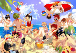 6+boys ace_attorney armband ash_ketchum barefoot baseball_bat beach black_hair blonde_hair blue_eyes blue_sky brothers brown_hair capcom character_request cloud company_connection creatures_(company) crossover death_note dorohedoro colored_bangs ein_lee en_(dorohedoro) everyone food fruit fruits_basket game_freak gen_1_pokemon haninozuka_mitsukuni hibari_kyouya himura_kenshin hitachiin_hikaru hitachiin_kaoru kaiba_seto katekyo_hitman_reborn! kikurage_(dorohedoro) leaf_bikini long_hair looking_at_viewer male_focus mega_man_(series) mega_man_zero_(series) melon miles_edgeworth multiple_boys multiple_crossover muto_yugi nintendo ocean one_eye_closed otogi_ryuuji ouran_high_school_host_club pegasus_j_crawford pikachu pokemon pokemon_(anime) pokemon_(creature) ponytail red_hair rurouni_kenshin ryuk sakuraba_neku scan short_hair short_ponytail shorts shueisha siblings sky sohma_momiji subarashiki_kono_sekai suikawari twins wally_(where&#039;s_wally) watermelon where&#039;s_wally wink yu-gi-oh! yu-gi-oh!_duel_monsters zero(z)_(mega_man) zero_(mega_man)