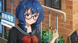 1girl absurdres ahoge alternate_costume alternate_hairstyle bespectacled black-framed_eyewear black_sailor_collar black_shirt blue_eyes blue_hair blush braided_twintails brick_wall bush chalkboard_sign choppy_bangs closed_mouth collarbone commentary day english_text fence fingernails food glasses hair_over_shoulder highres holding holding_food iron_fence long_hair looking_at_viewer make_heroine_ga_oo_sugiru! menu nail_polish neckerchief original outdoors pink_nails railing red_neckerchief round_eyewear sailor_collar sailor_shirt shirt short_sleeves sign smile solo tbyjpg upper_body window yanami_anna